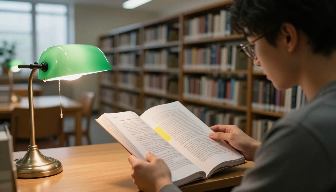 Developer reading a printed reference manual in a quiet library reading room