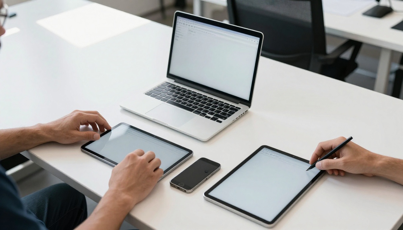 QA engineer arranging a laptop, tablet and two phones on a white workbench for cross-device testing