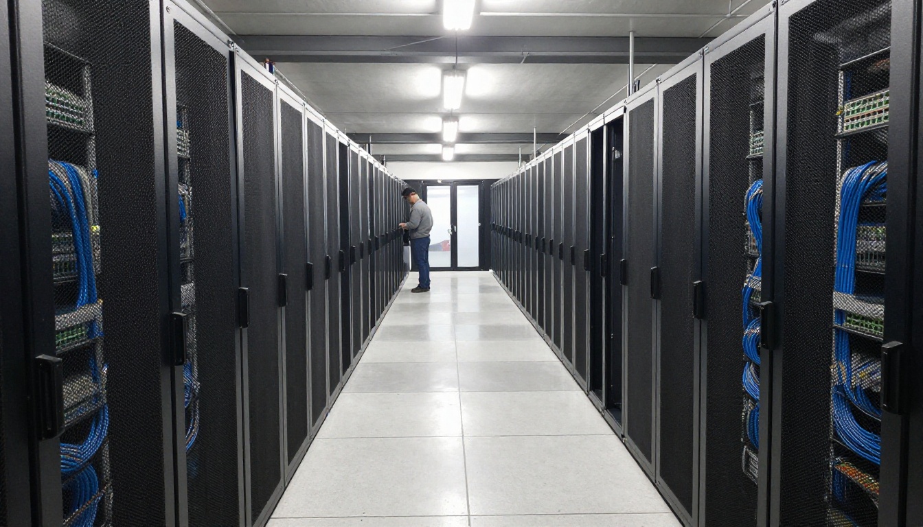 Wide-angle view down a clean data centre aisle between rows of black server racks