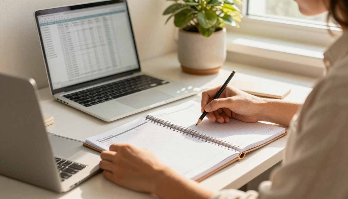Product manager reviewing a paper weekly planner and a printed spreadsheet at a sunlit table