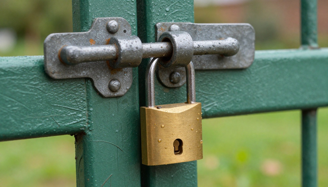 Heavy brass padlock on the iron latch of a weathered oak gate with dew on the shackle