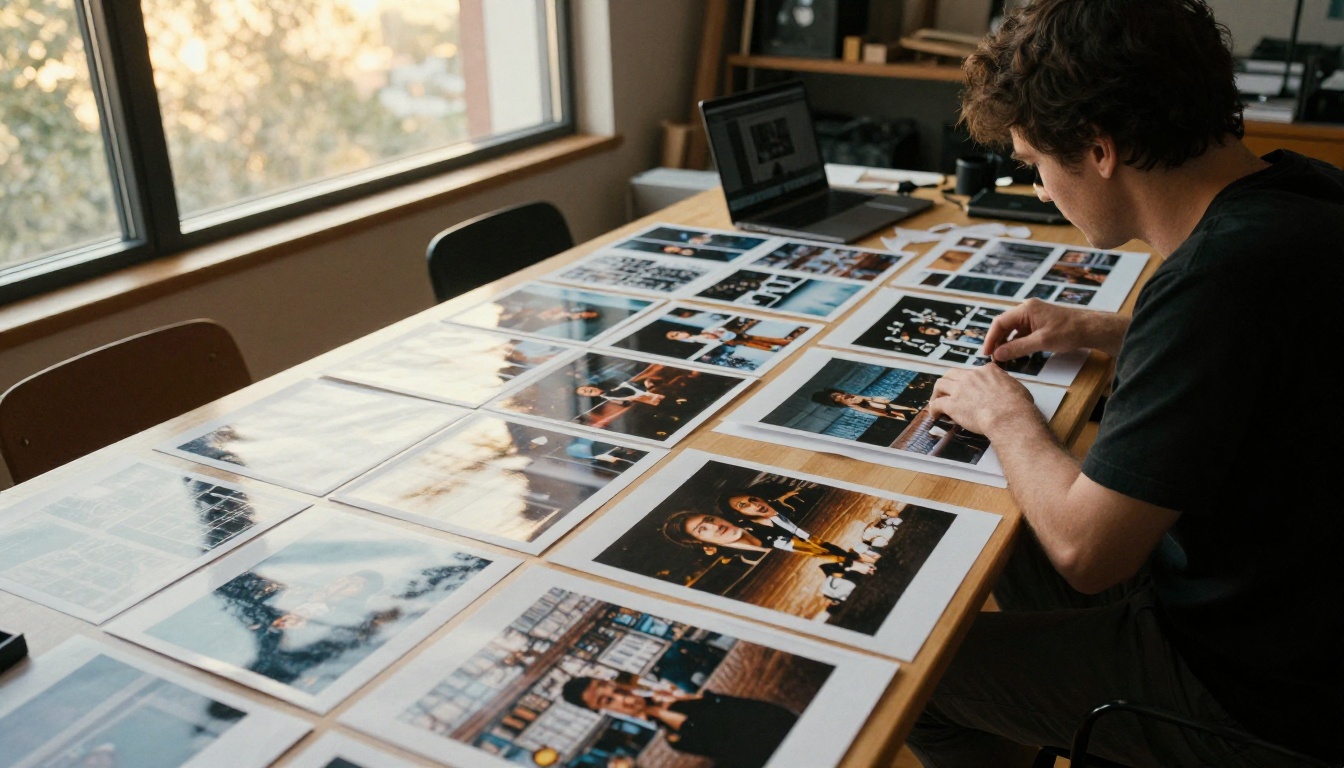 Creative director's studio table filled with printed photographs and storyboard frames in late afternoon light