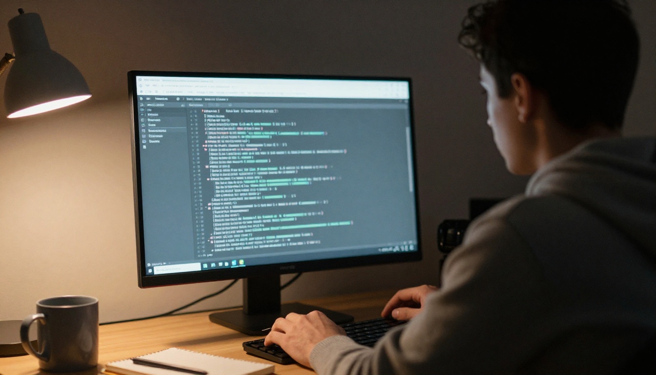 A developer scrolling through long server logs on a wide monitor in a dim home office at dusk
