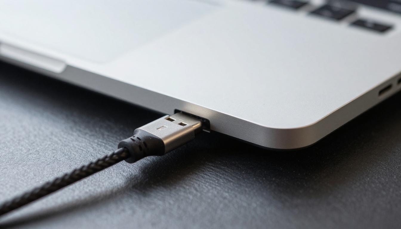 Macro close-up of a braided USB-C cable plugged into the side port of a silver laptop