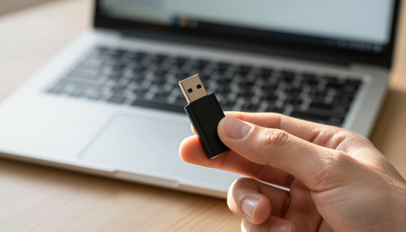 A hand holding a small black USB security token above an open laptop on a clean desk