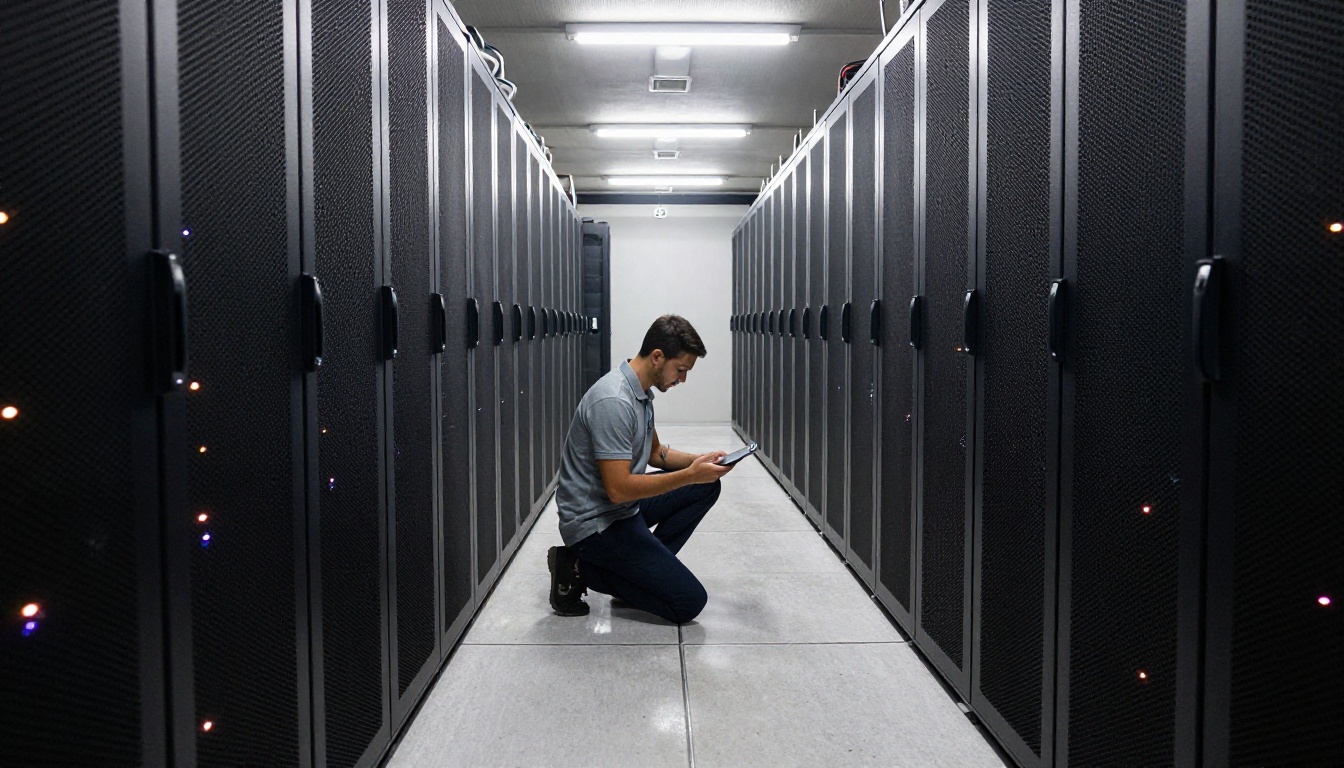Low-angle view down a data center aisle between tall server racks with a technician crouching in the distance