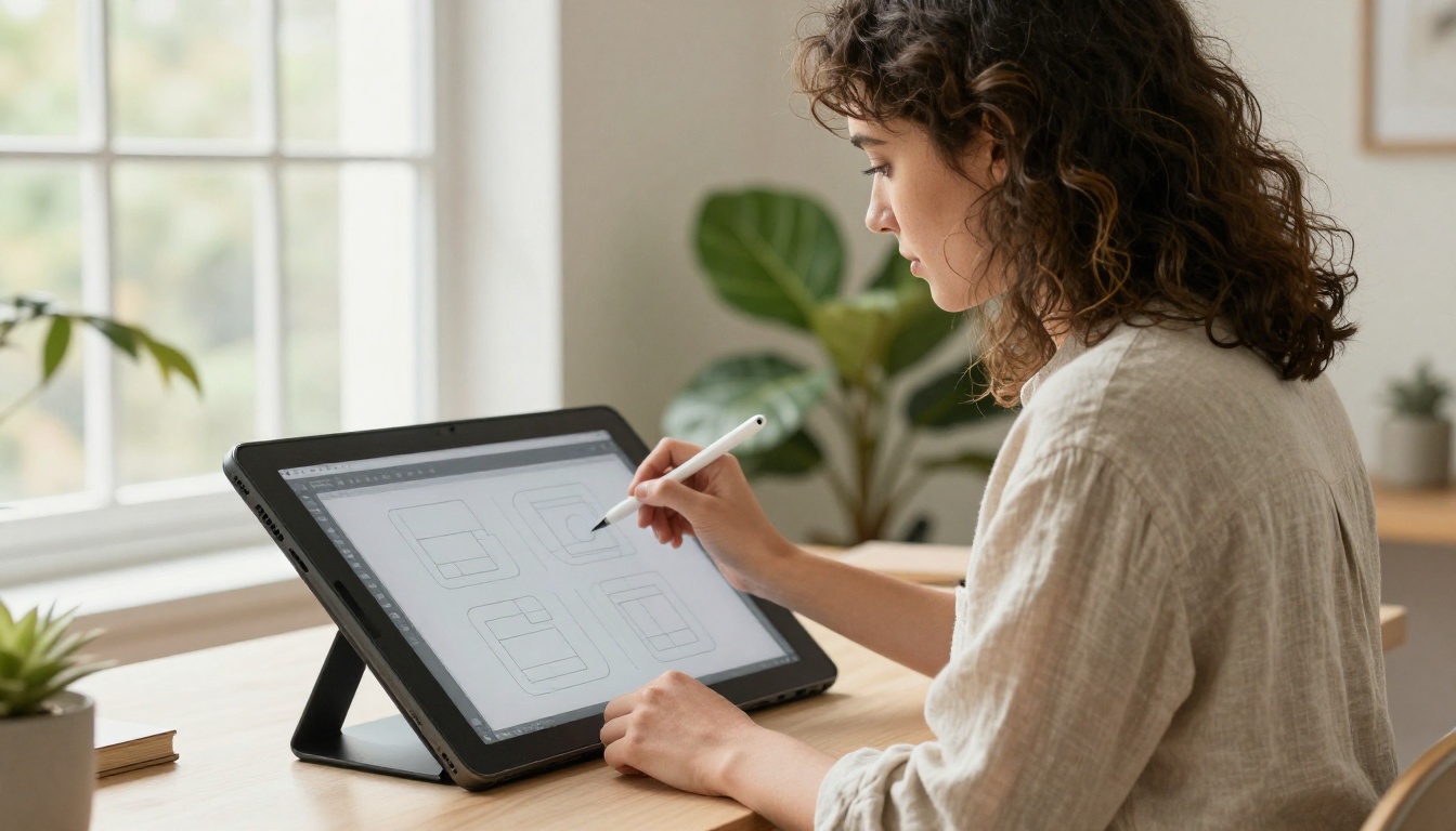Side profile of a product designer holding a stylus over a tablet in a bright studio with plants