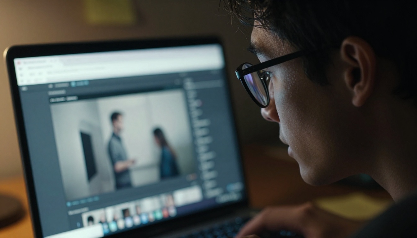 A developer's face lit by a laptop showing a blurred browser window mid-test