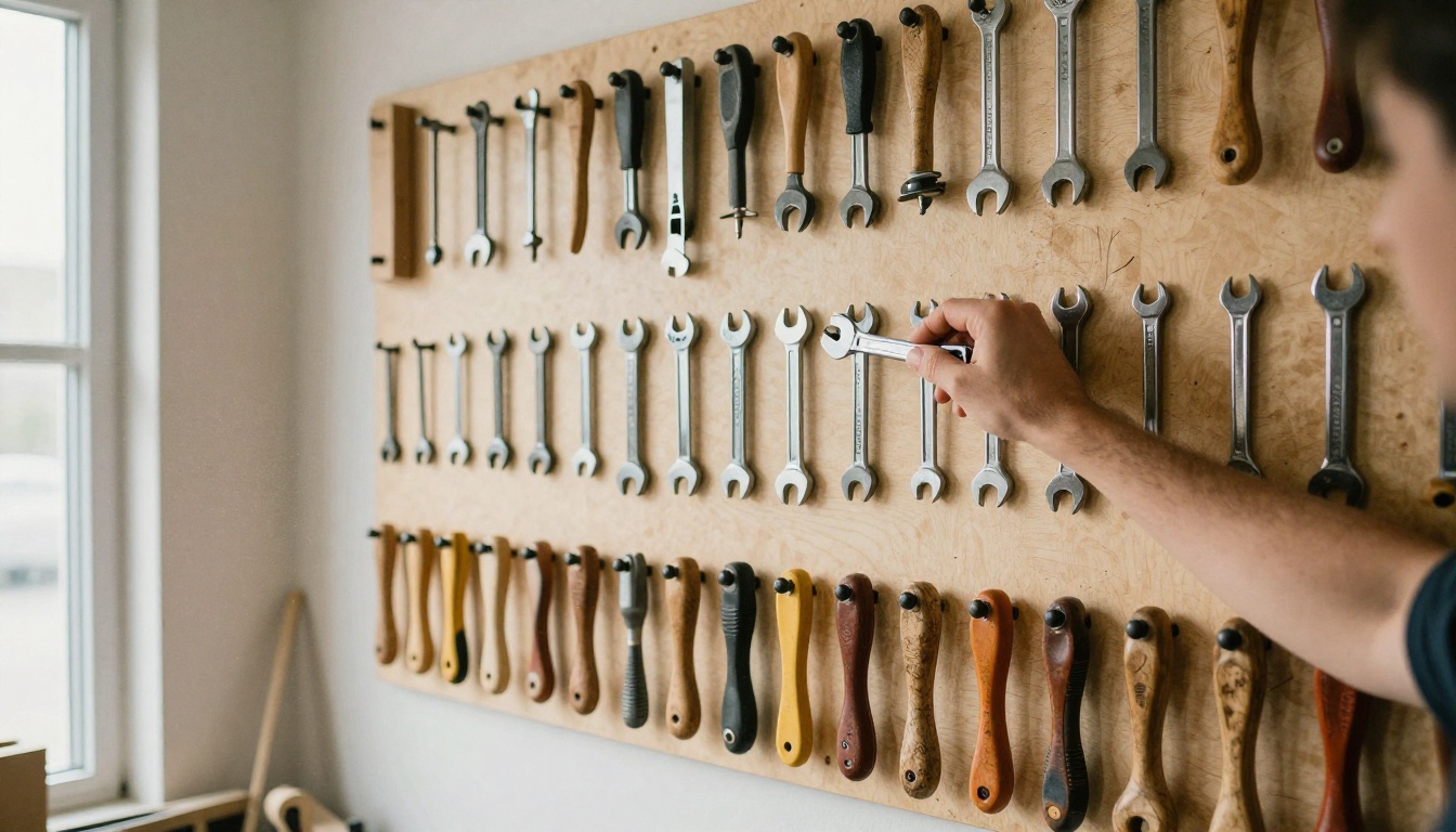 Workshop pegboard with dozens of hand tools neatly hung and a hand reaching for a steel wrench