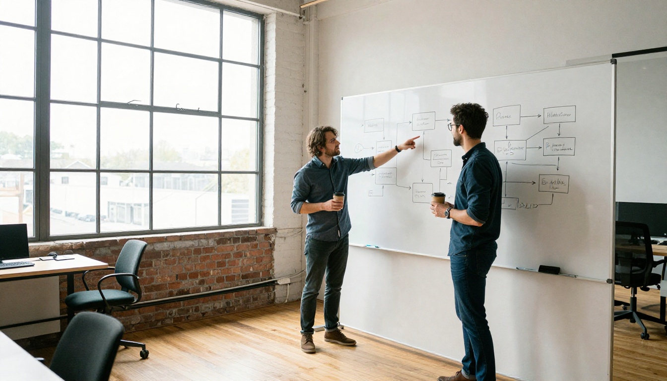 Two engineers at a whiteboard in a bright loft office reviewing a flowchart of boxes and arrows