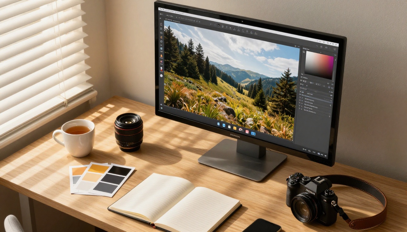 High-angle view of a photographer's studio desk with a large monitor showing a landscape photograph being edited