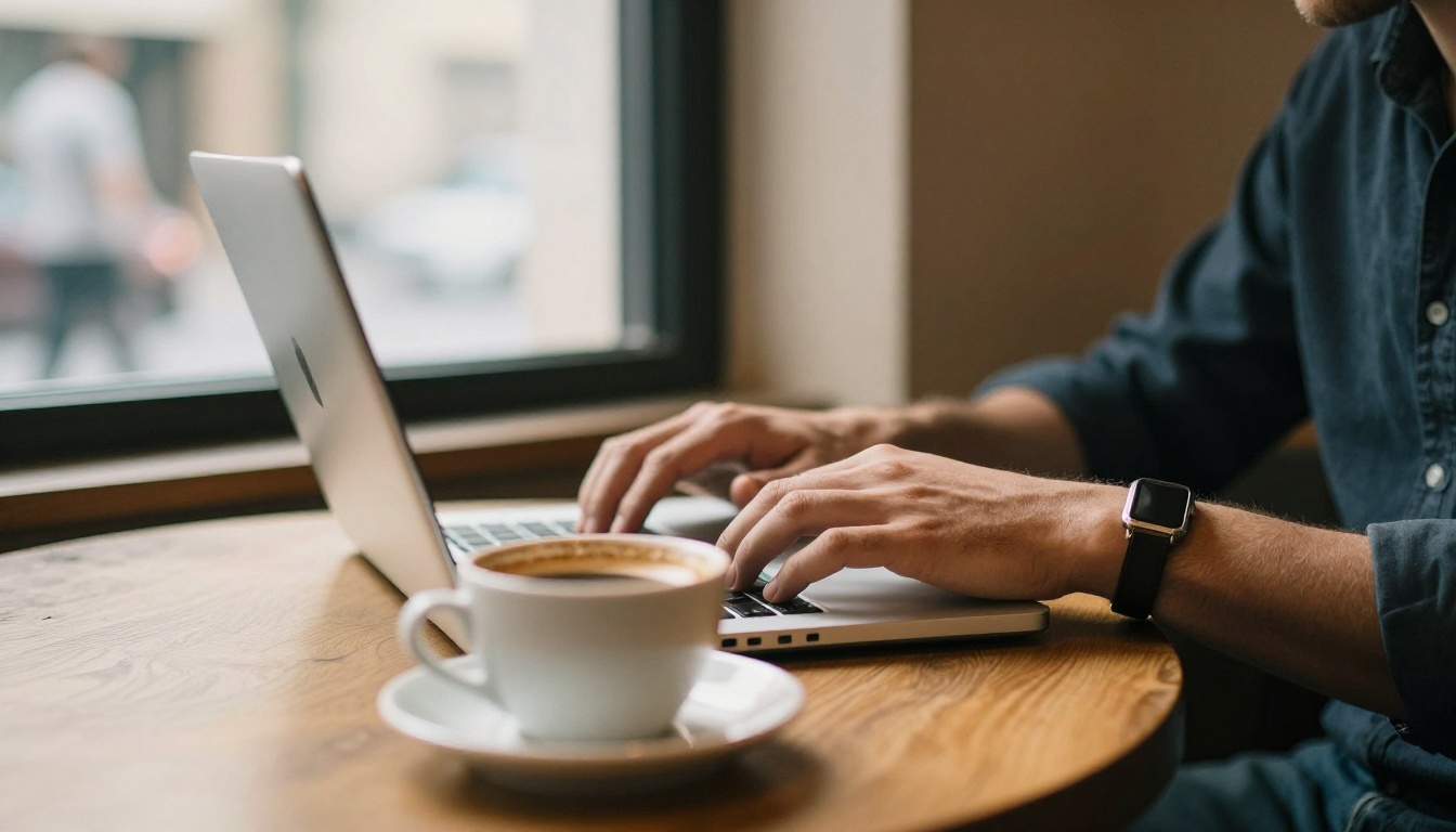 Developer hands typing on a silver laptop at a sunlit cafe table with a flat white beside it
