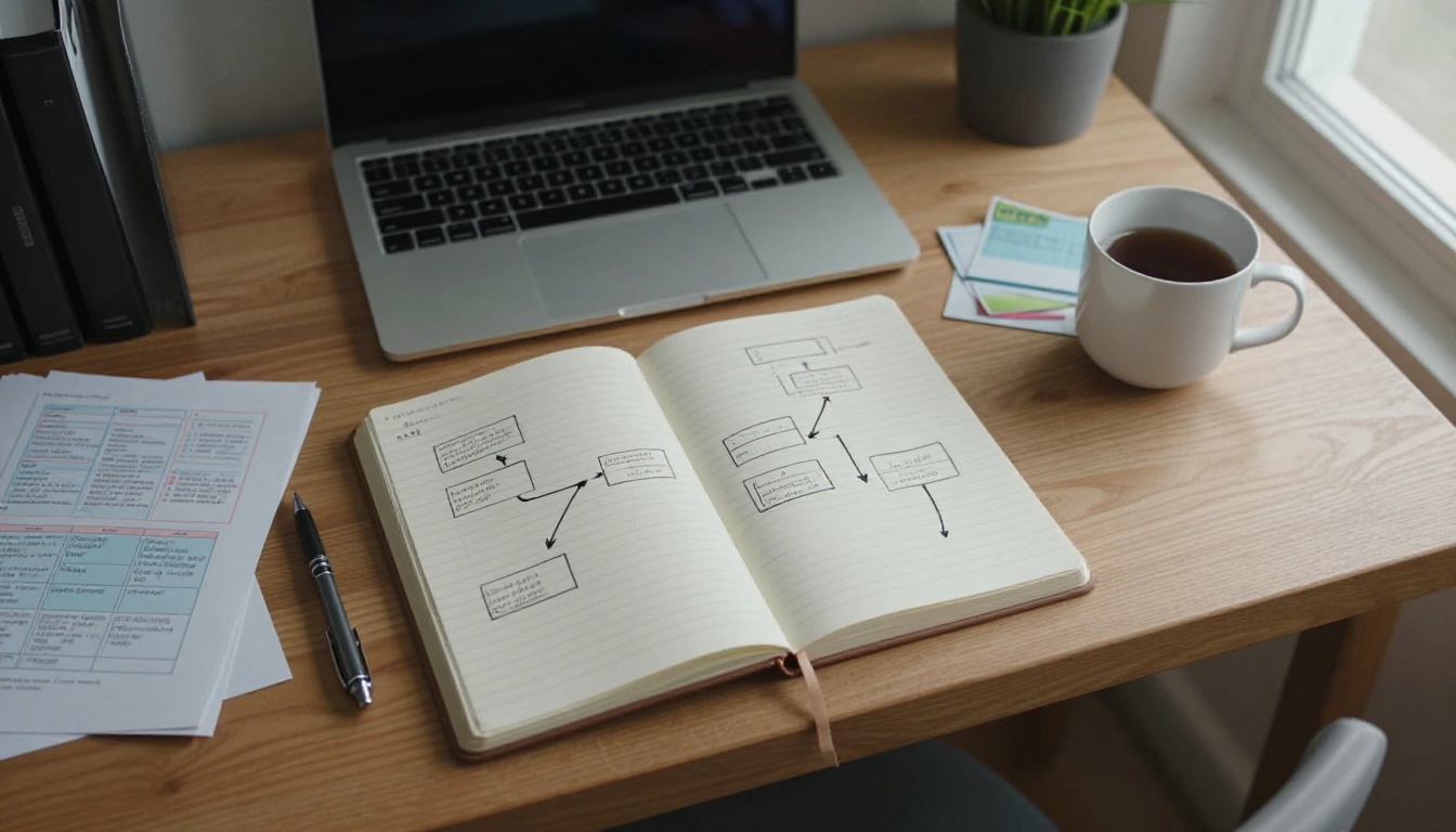 Top-down view of an oak desk with a notebook sketch of boxes joined by arrows, a laptop and a mug of tea