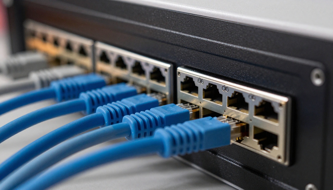 Close-up of a network patch panel with blue and grey ethernet cables plugged into numbered ports