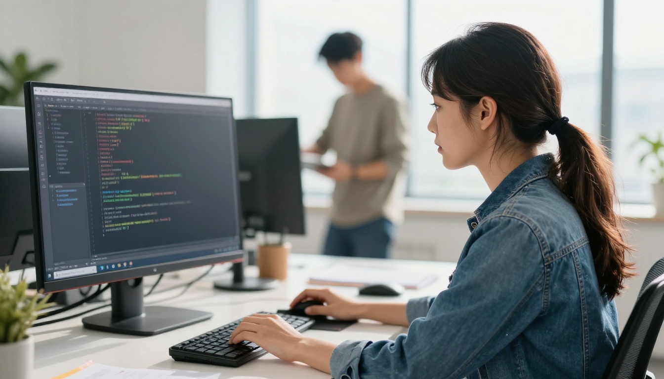 Over-the-shoulder view of a woman in a denim jacket reviewing code on a large monitor in a bright office
