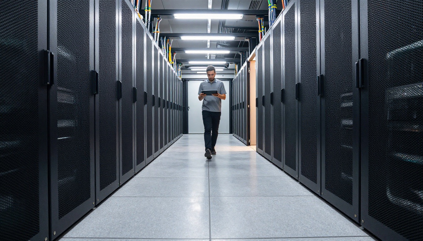Symmetrical view down a data center aisle between rows of server racks with a technician walking away
