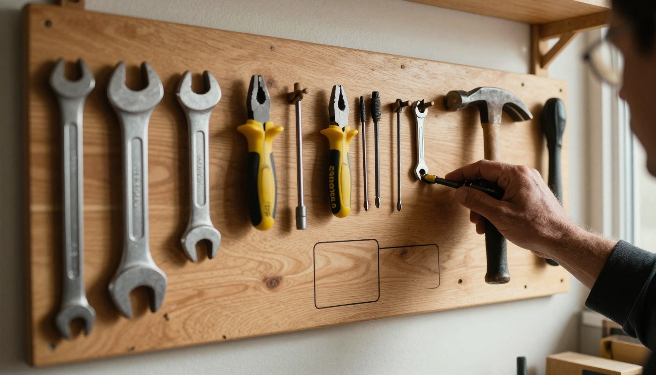 Wooden pegboard of hand tools in tidy rows with one empty outline and a hand reaching in to choose one