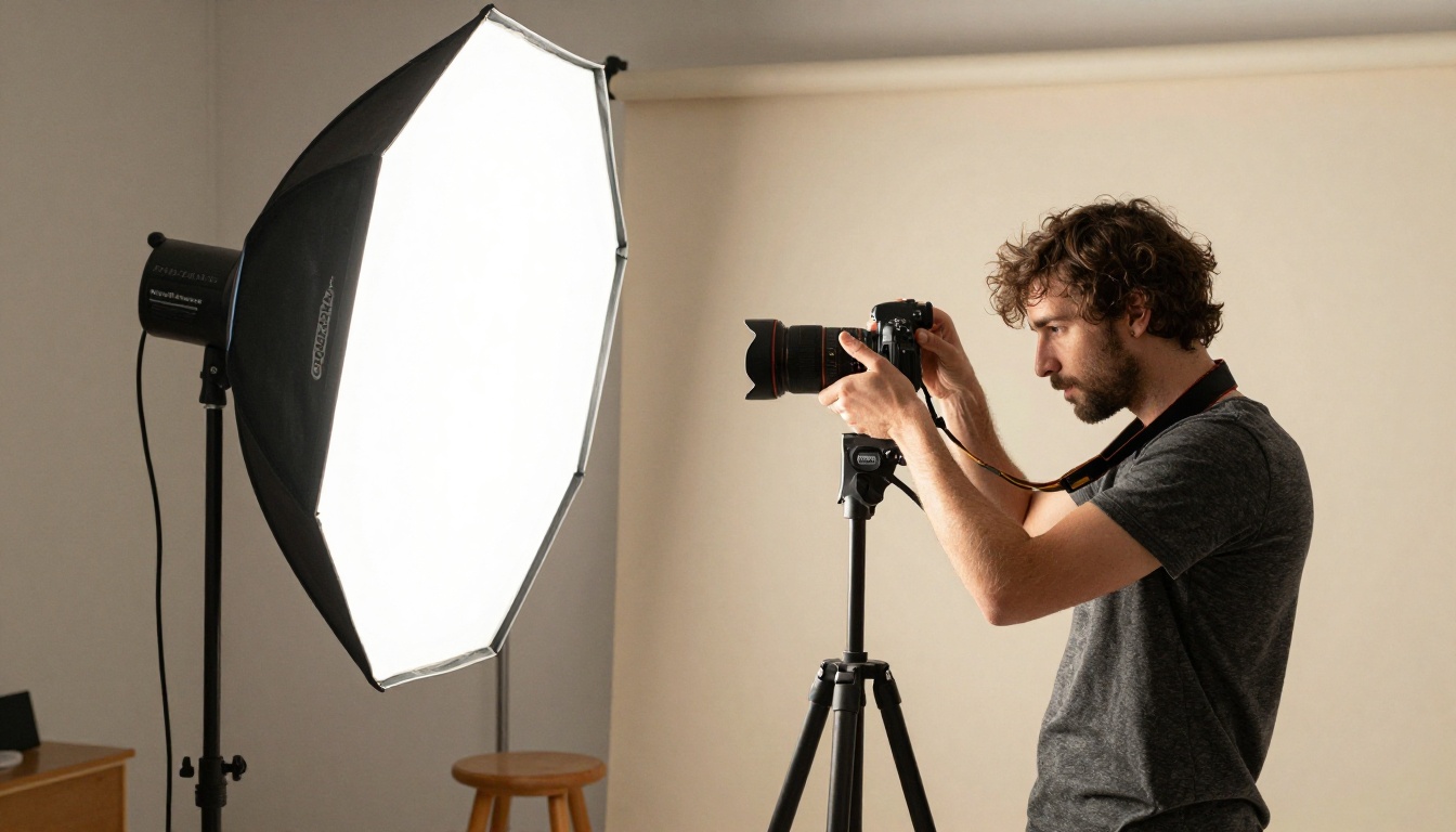 Photographer adjusting a mirrorless camera on a tripod in a bright studio beside a large softbox