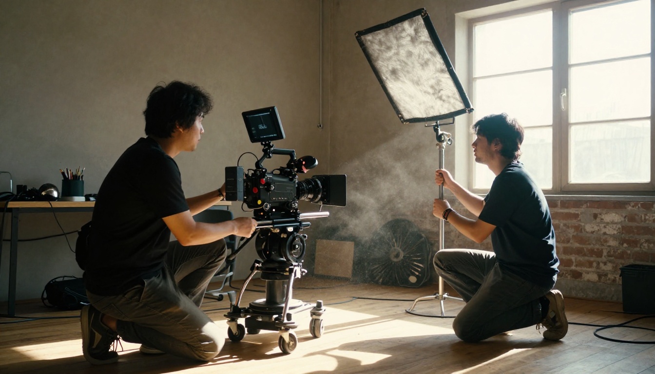 Small film crew in a sunlit loft shooting a short scene with a camera on a slider dolly and a boom operator