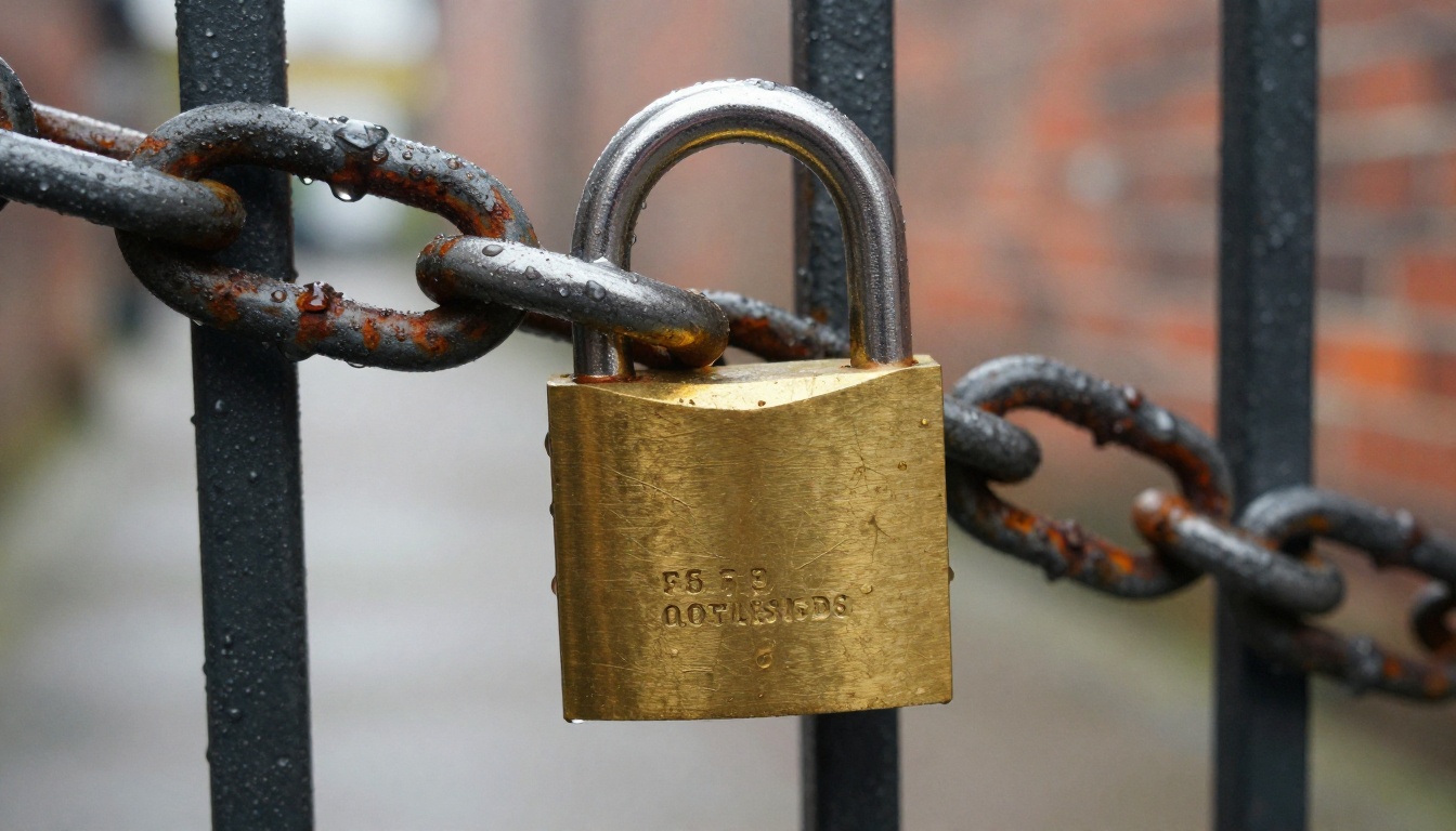 Brass padlock on a weathered steel gate chain with water droplets on the metal