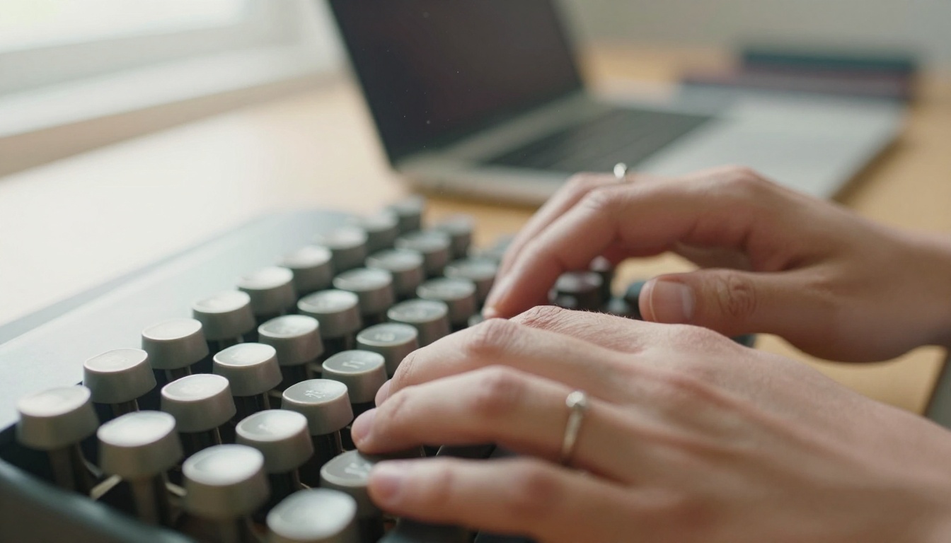 Developer's hands resting on a worn mechanical typing deck in morning window light