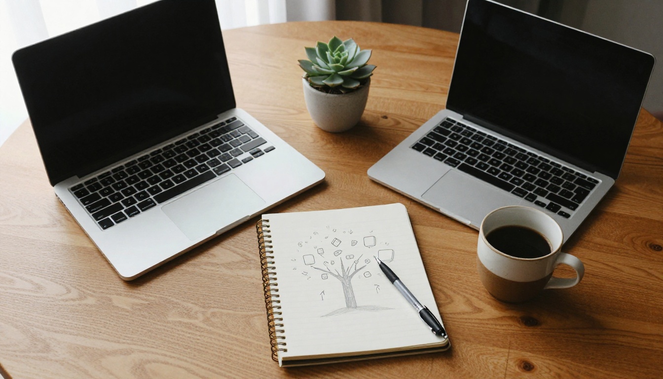 A tidy oak desk seen from above with an open laptop and a hand-drawn folder tree in a notebook