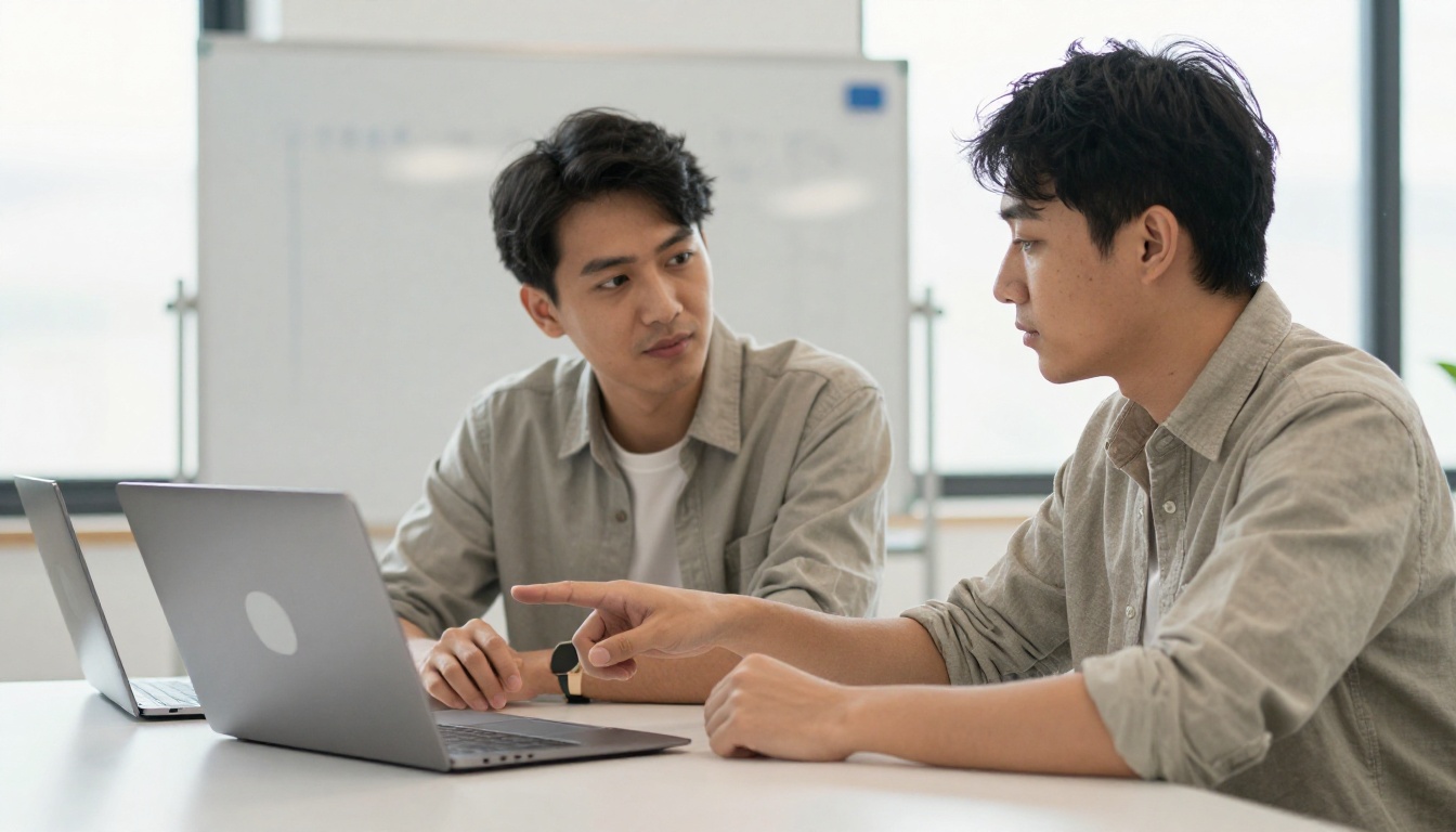 Two developers sharing a desk and pointing at one laptop screen in a bright coworking space