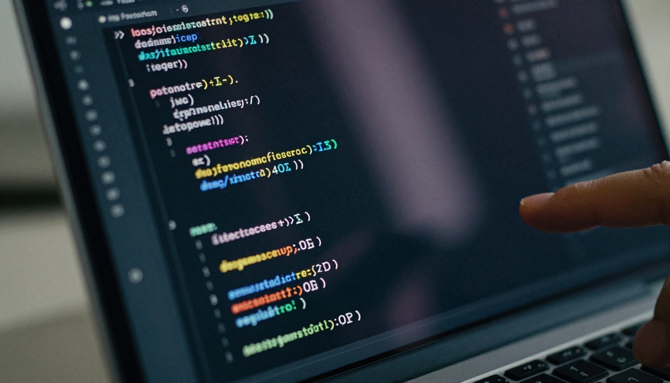 Close-up of a laptop screen with a dark code editor and soft, unreadable lines of colored syntax