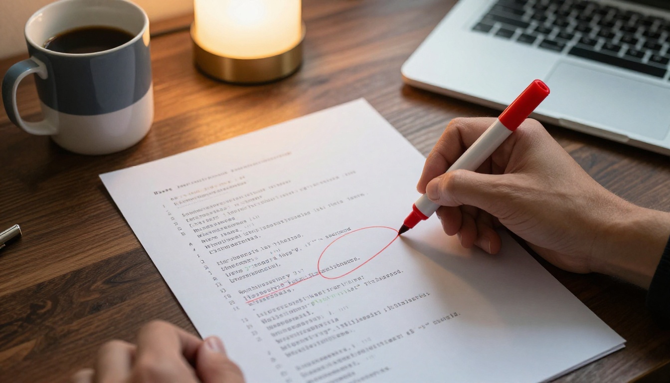 A hand circling one line of code in red marker on a printed sheet beside a laptop