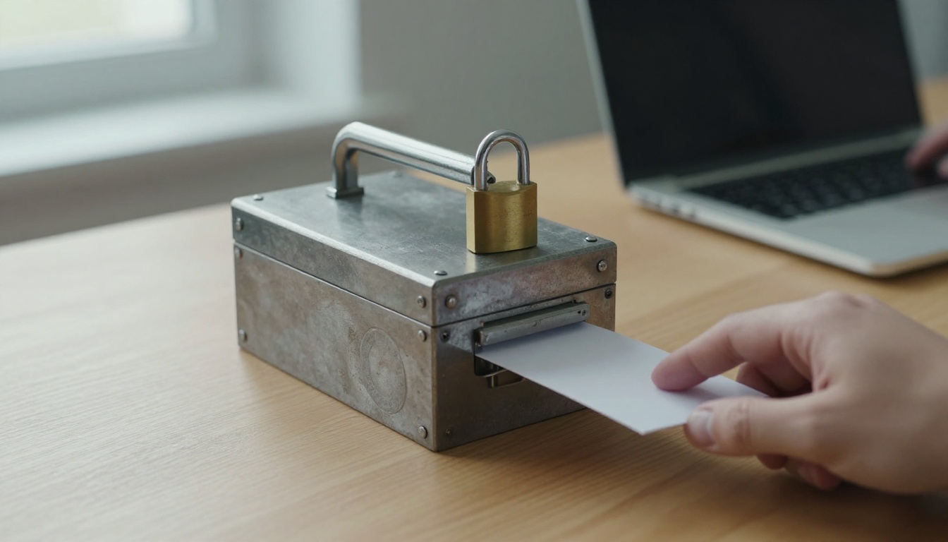 A steel lockbox with a brass padlock on an oak desk in front of an open laptop