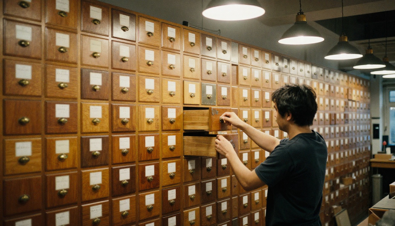 A customer pulling one small drawer from a tall wall of wooden drawers in a hardware workshop