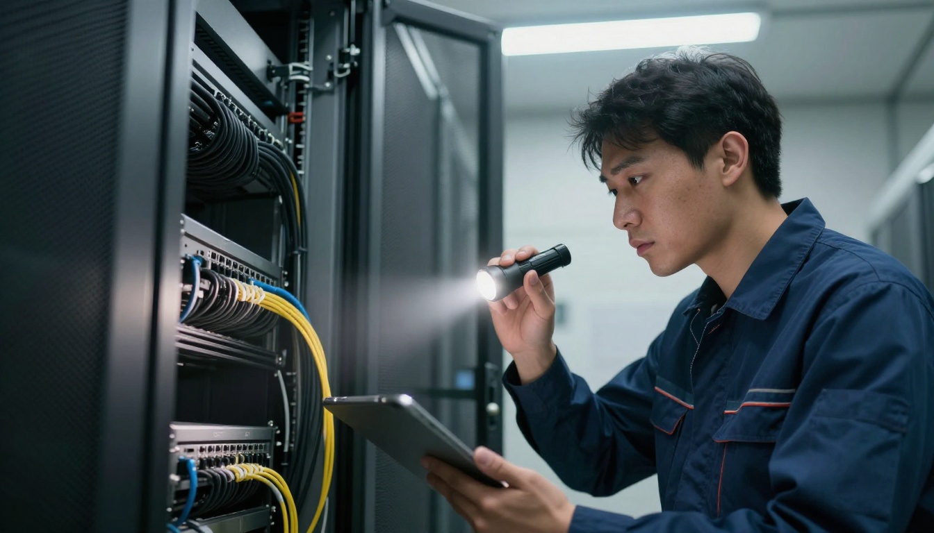 A network technician aiming a flashlight at neatly routed cables inside an open server rack