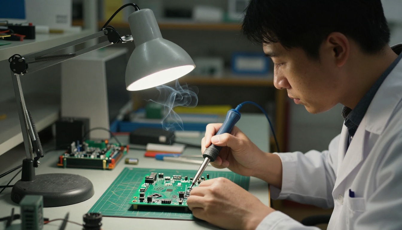 A hardware engineer at an electronics bench leaning toward a circuit board under a magnifier lamp
