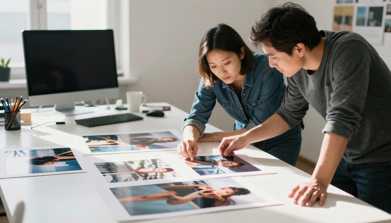 Two creative professionals reviewing large printed photographs on a long table in a sunlit studio