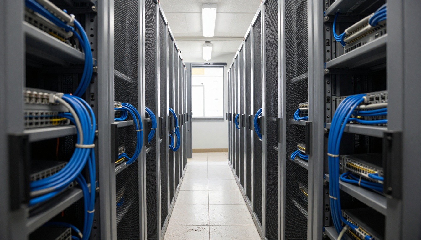 Low-angle view down an aisle of grey server racks with tidy network cables overhead