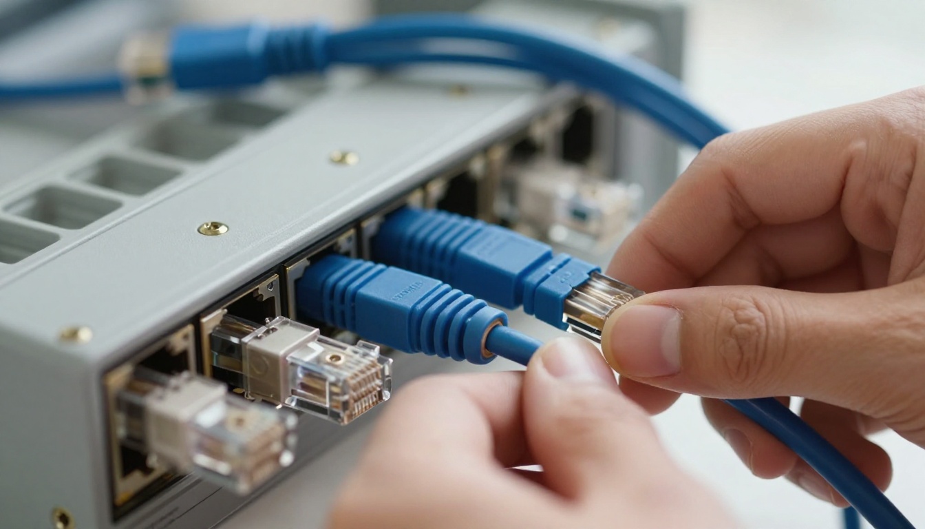 Close-up of hands plugging a blue Ethernet cable into a grey patch panel