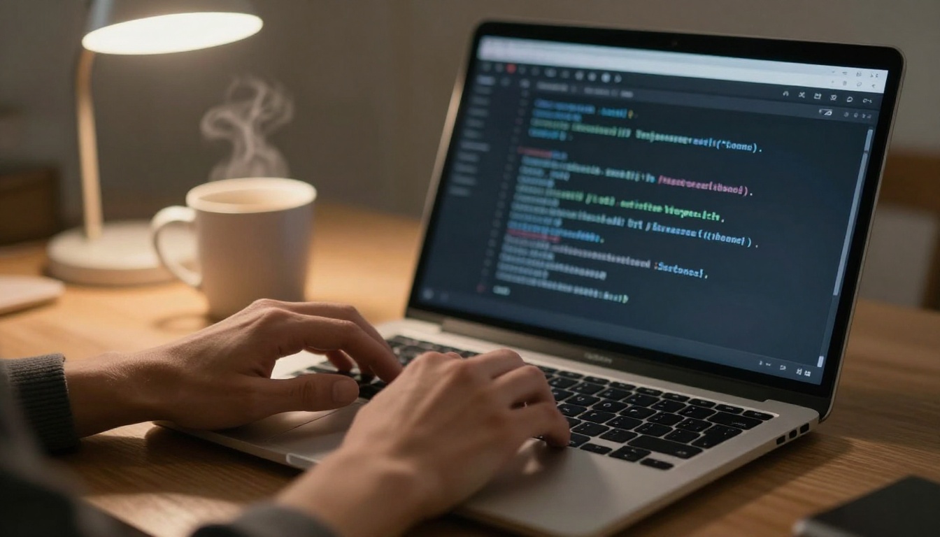 Over-the-shoulder view of a developer's hands typing in a terminal on a laptop