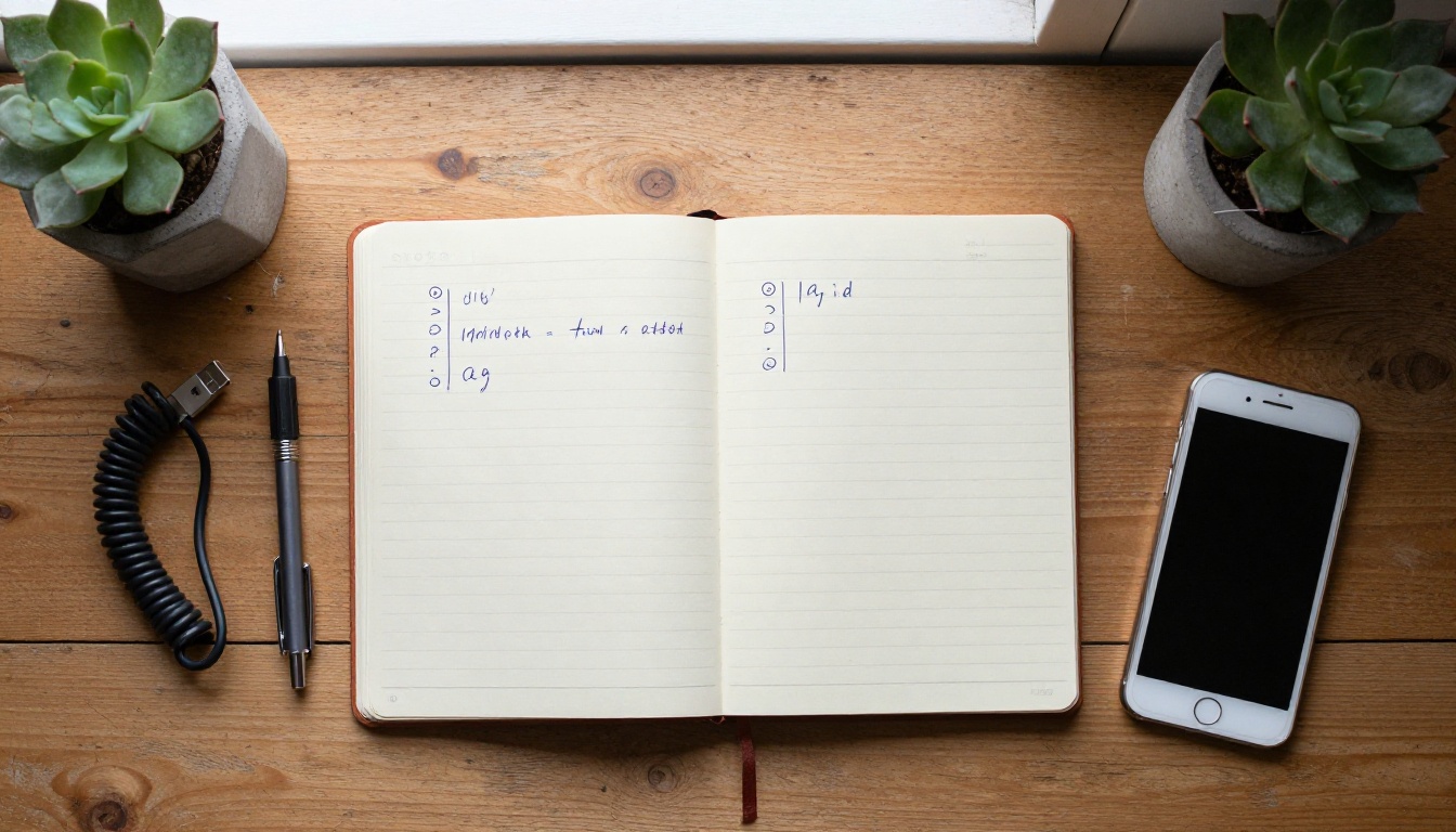 Top-down view of a wooden desk with a handwritten notebook, pencil, cable, and a small succulent