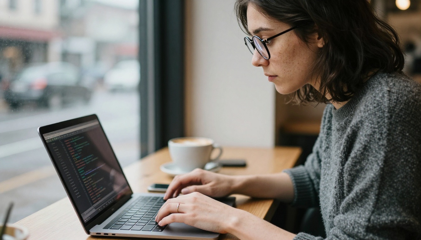 Side profile of a developer in round glasses reviewing code on a laptop in a cafe