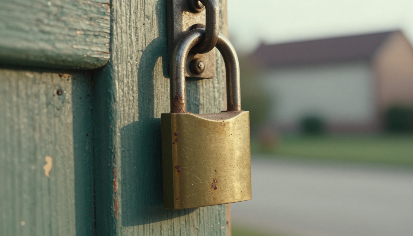 Close-up of an old brass padlock on a weathered green wooden door