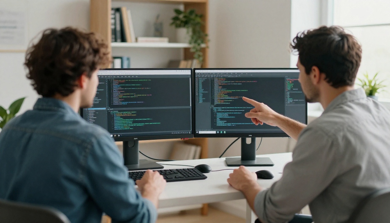 Two developers at a standing desk, one pointing at a monitor while pair programming