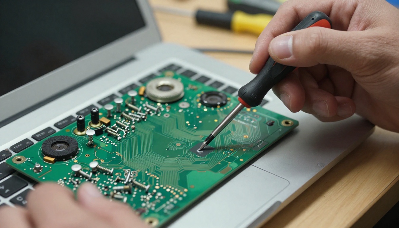 Close-up of a technician's hands with a precision screwdriver over an open laptop