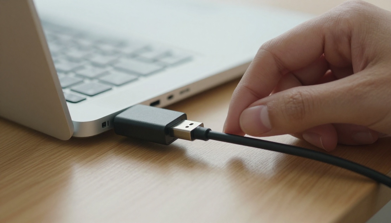 Hands plugging a cable into a laptop port