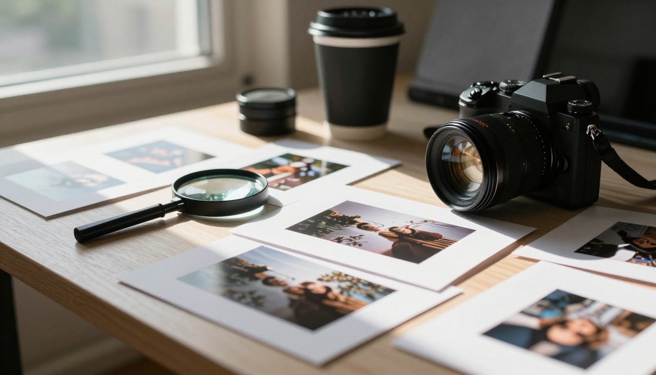 A bright photographer's table with printed proofs, a loupe, a camera, and a cup of tea