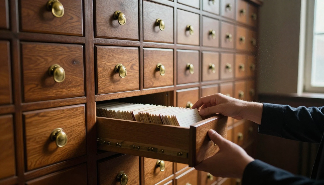 Wooden card catalogue with drawers