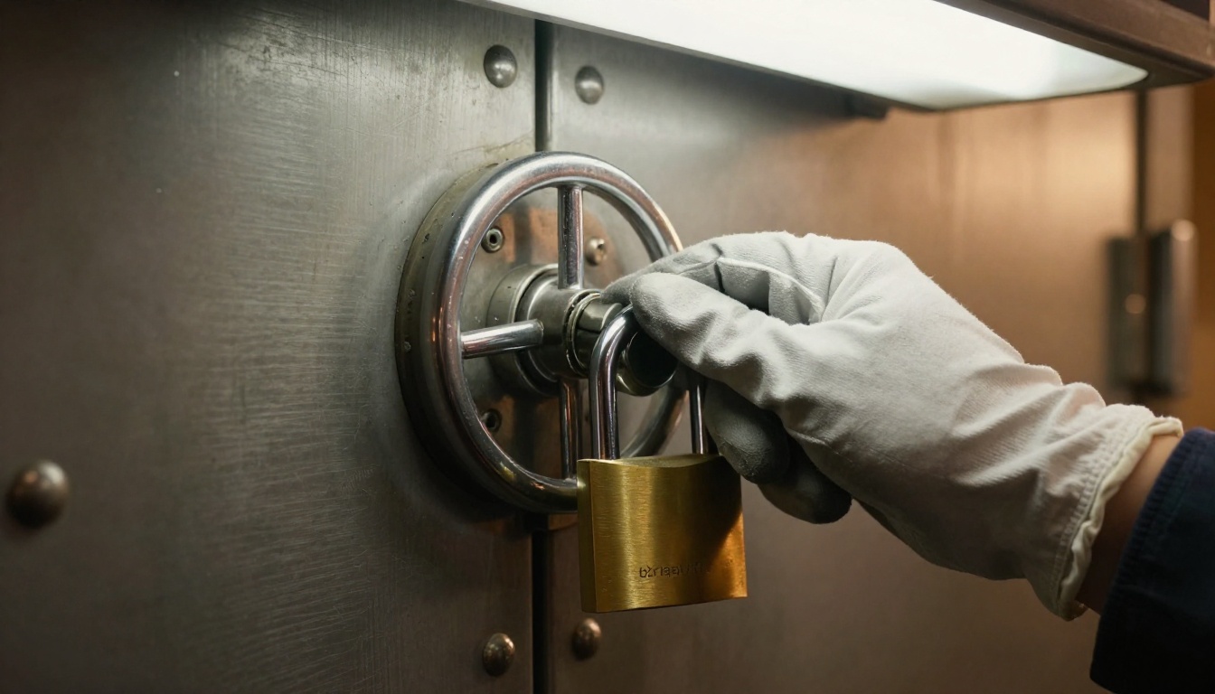 A steel vault door with a padlock