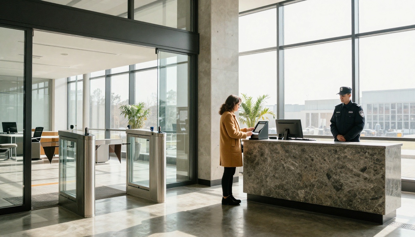 Office lobby with badge turnstiles