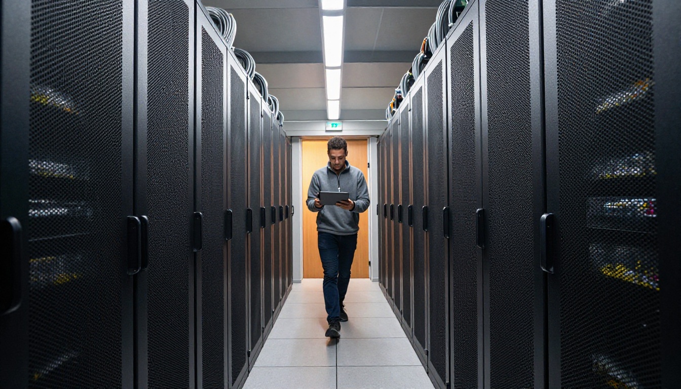 A long data center aisle with server racks