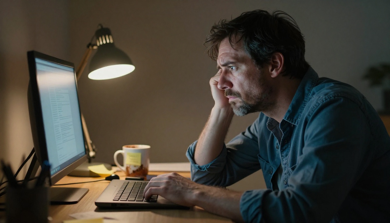 A developer frowning at a laptop at night