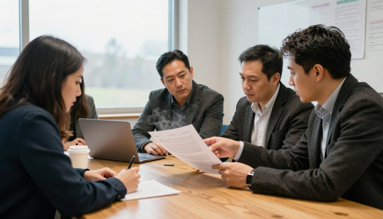 Four colleagues reviewing a document at a table